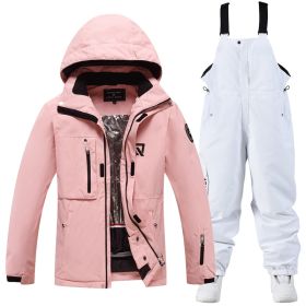 Men's And Women's Winter Outdoors Veneer Double Board Ski Suit (Option: Pink Top And White Pants-M)