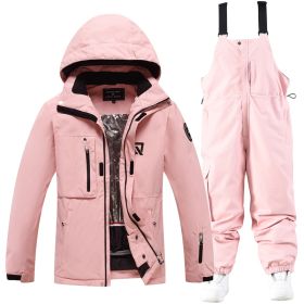 Men's And Women's Winter Outdoors Veneer Double Board Ski Suit (Option: Pink Top And Pink Pants-M)