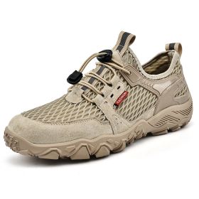 Men's Summer Leather Breathable Outdoor Sports Casual Shoes Non-slip Soft-soled Mesh Surface Hiking Shoes (Option: Khaki-42)